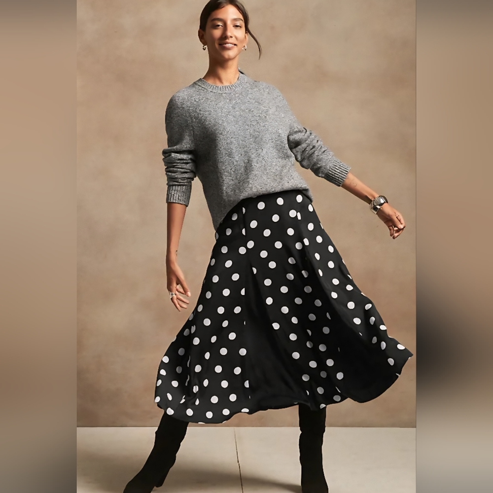 Banana Republic Black Polka Dot Midi Skirt with White Dots